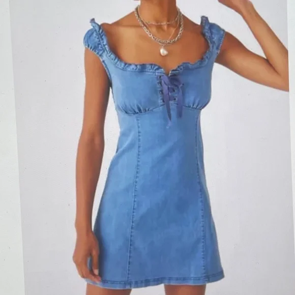 Urban Outfitters | Dresses | Urban Outfitters Nayda Denim Ruffle Mini Dress  | Poshmark